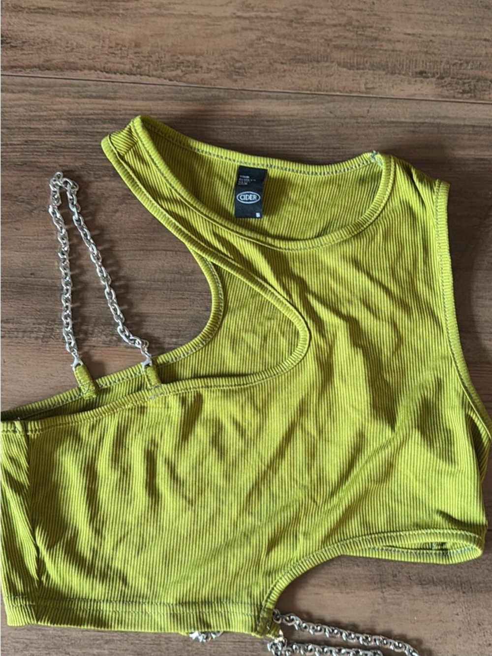 Cider Neon Lime One-Shoulder Ribbed Crop Top with Silver Chain Straps